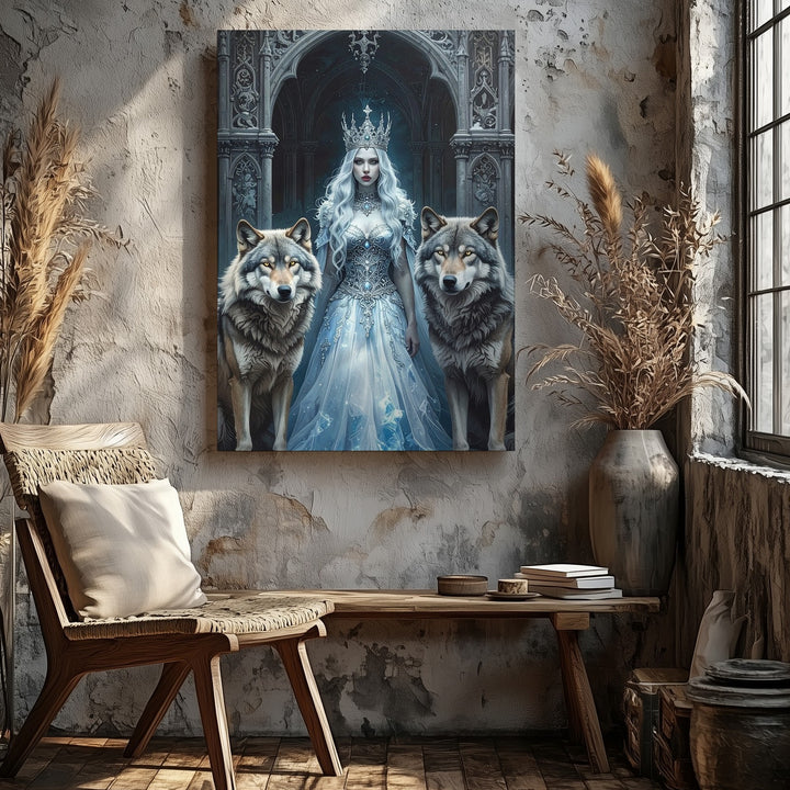 Ice Queen & Wolves Canvas – Dark Fantasy Royalty and Fierce Guardians - Gifitto