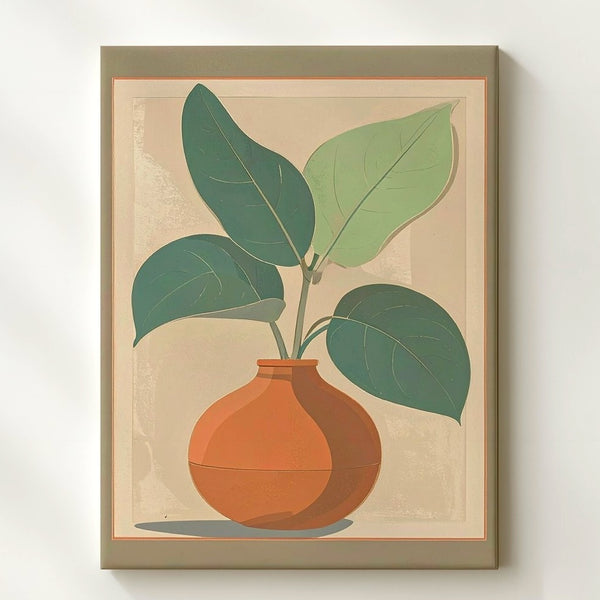 Minimalist Botanical Plant Canvas – Terracotta Pot & Teal Leaves - Gifitto