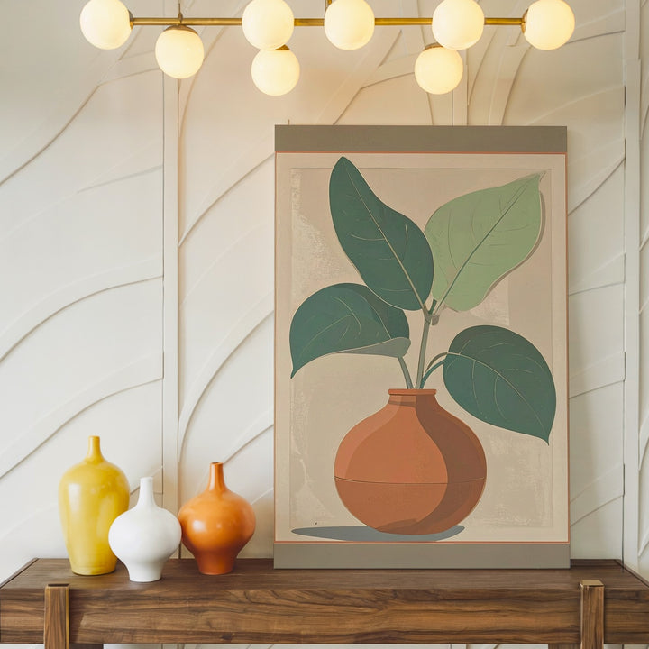 Minimalist Botanical Plant Canvas – Terracotta Pot & Teal Leaves - Gifitto
