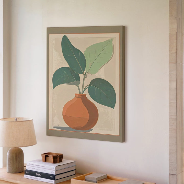 Minimalist Botanical Plant Canvas – Terracotta Pot & Teal Leaves - Gifitto