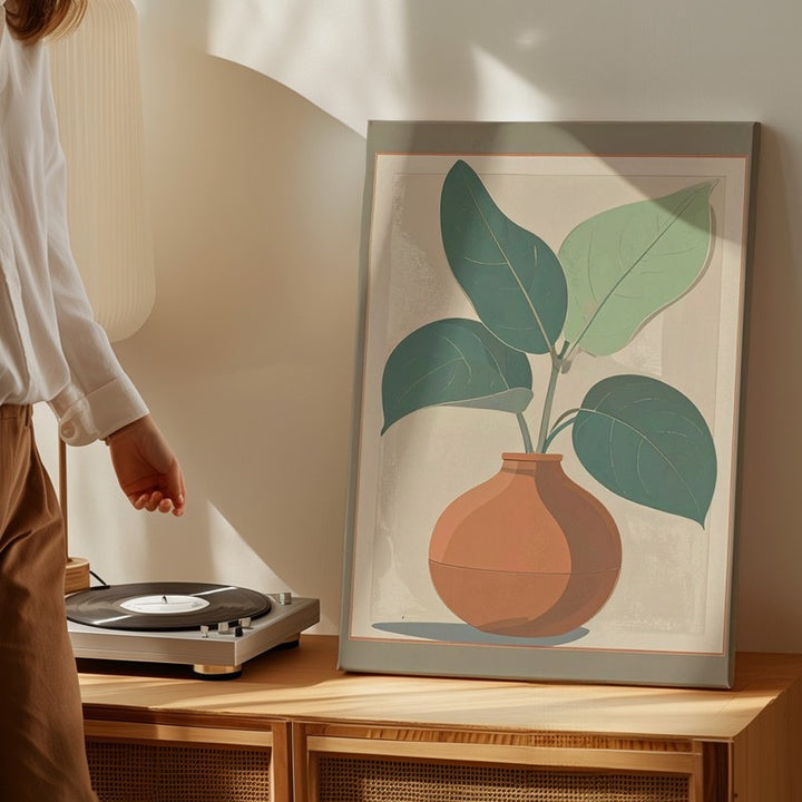Minimalist Botanical Plant Canvas – Terracotta Pot & Teal Leaves - Gifitto