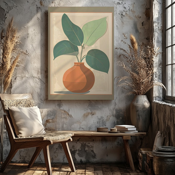 Minimalist Botanical Plant Canvas – Terracotta Pot & Teal Leaves - Gifitto