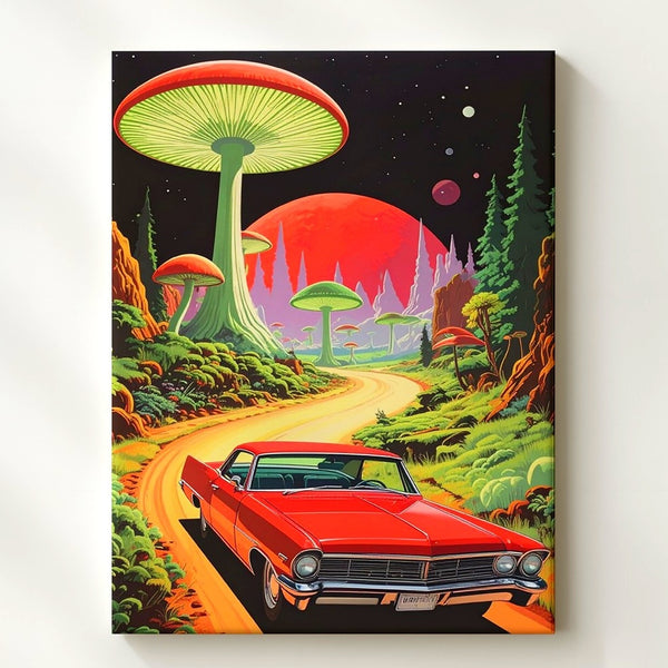 Cosmic Cruise Convertible Canvas – Retro Car in Alien Mushroom Forest - Gifitto