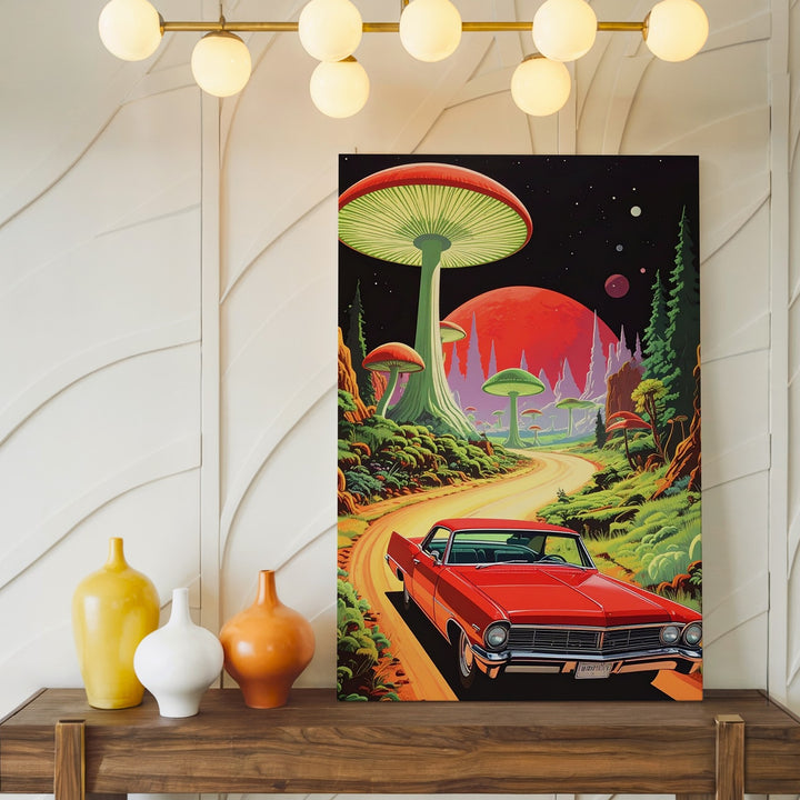 Cosmic Cruise Convertible Canvas – Retro Car in Alien Mushroom Forest - Gifitto