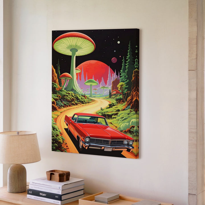 Cosmic Cruise Convertible Canvas – Retro Car in Alien Mushroom Forest - Gifitto