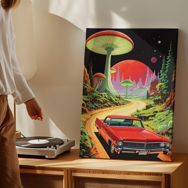 Cosmic Cruise Convertible Canvas – Retro Car in Alien Mushroom Forest - Gifitto