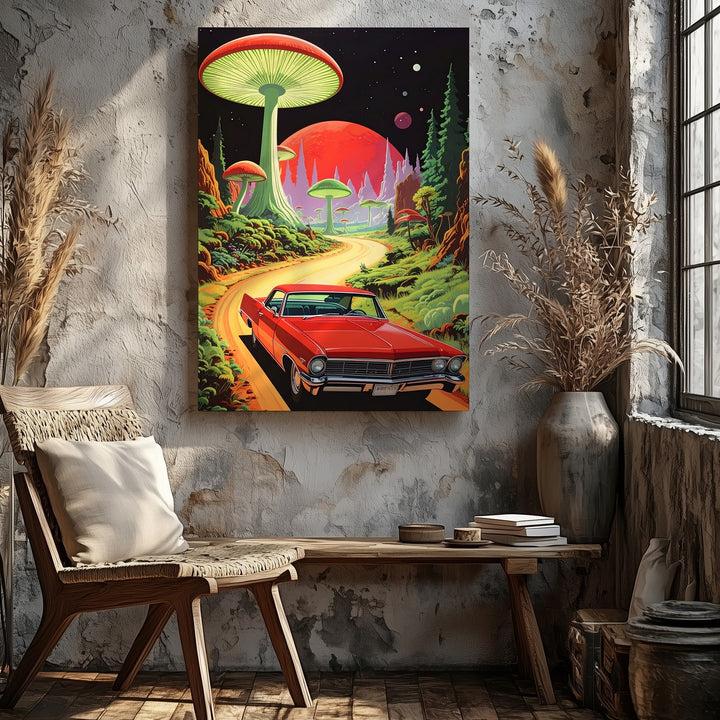 Cosmic Cruise Convertible Canvas – Retro Car in Alien Mushroom Forest - Gifitto
