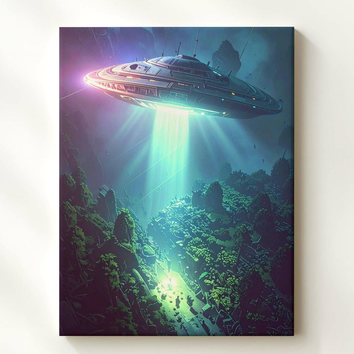 UFO Forest Encounter Canvas – Sci-Fi Light Beam & Eerie Atmosphere Art - Gifitto