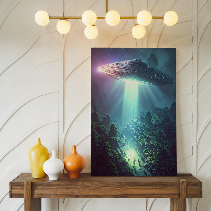 UFO Forest Encounter Canvas – Sci-Fi Light Beam & Eerie Atmosphere Art - Gifitto