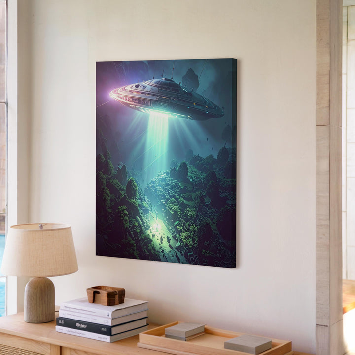 UFO Forest Encounter Canvas – Sci-Fi Light Beam & Eerie Atmosphere Art - Gifitto