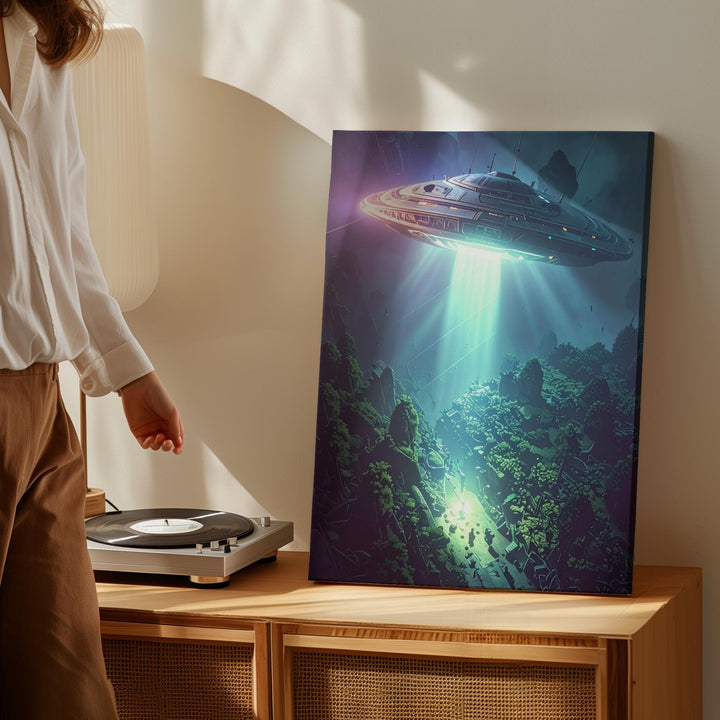 UFO Forest Encounter Canvas – Sci-Fi Light Beam & Eerie Atmosphere Art - Gifitto