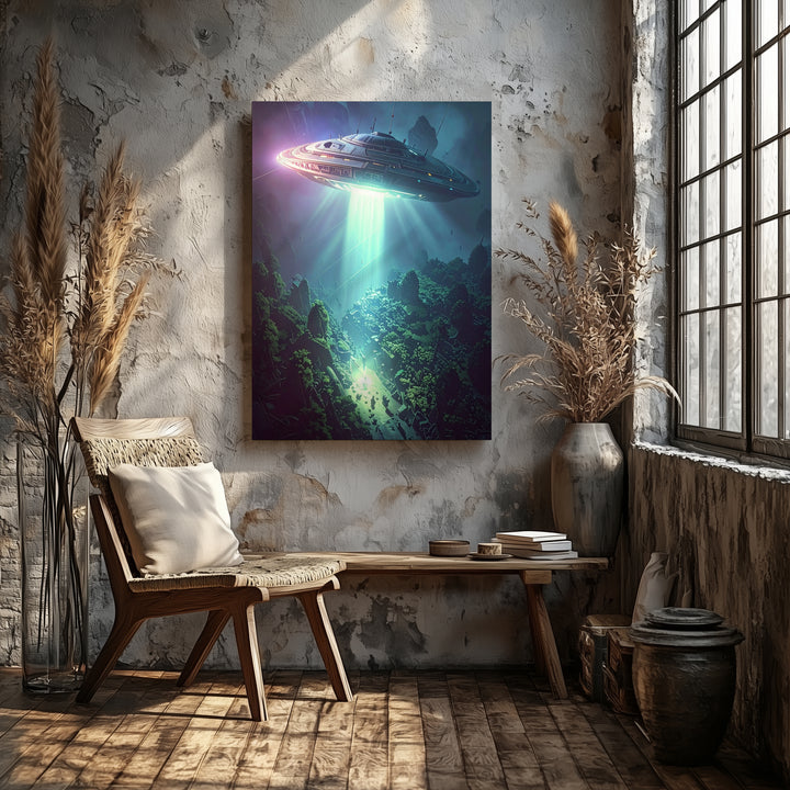 UFO Forest Encounter Canvas – Sci-Fi Light Beam & Eerie Atmosphere Art - Gifitto