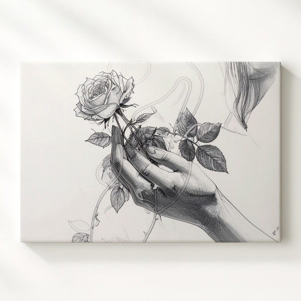 Graceful Reach Canvas – Minimalist Hand with Blooming Rose Line Art - Gifitto