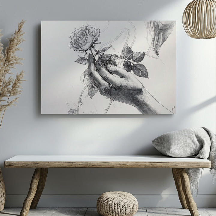 Graceful Reach Canvas – Minimalist Hand with Blooming Rose Line Art - Gifitto