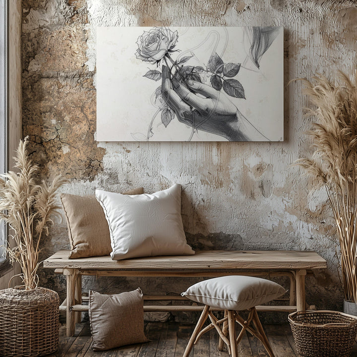 Graceful Reach Canvas – Minimalist Hand with Blooming Rose Line Art - Gifitto