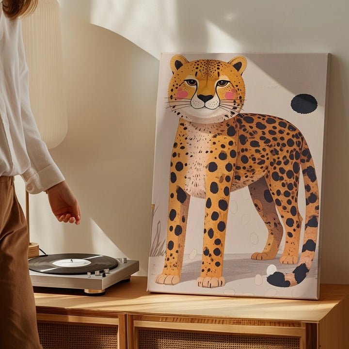 Smiling Cheetah Minimalist Canvas – Whimsical Wild Cat Kids Wall Art - Gifitto