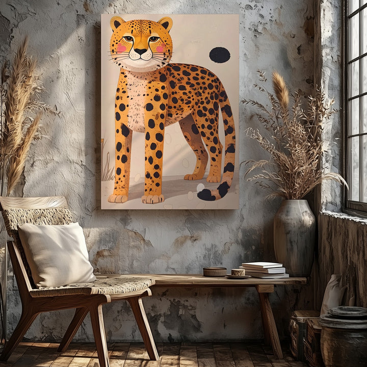 Smiling Cheetah Minimalist Canvas – Whimsical Wild Cat Kids Wall Art - Gifitto