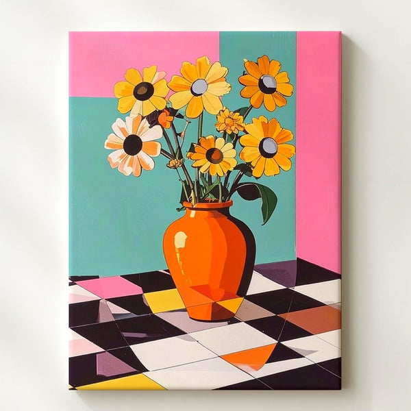 Pop-Art Floral Still Life Canvas – Bold Orange Vase & Graphic Flowers - Gifitto