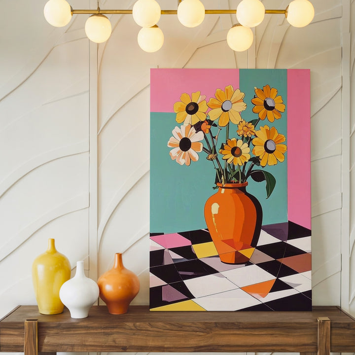 Pop-Art Floral Still Life Canvas – Bold Orange Vase & Graphic Flowers - Gifitto