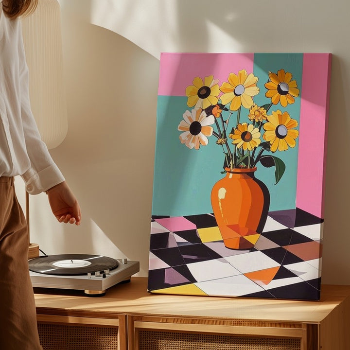 Pop-Art Floral Still Life Canvas – Bold Orange Vase & Graphic Flowers - Gifitto