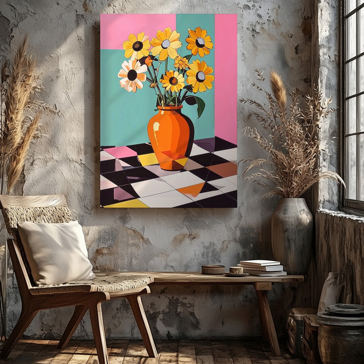 Pop-Art Floral Still Life Canvas – Bold Orange Vase & Graphic Flowers - Gifitto