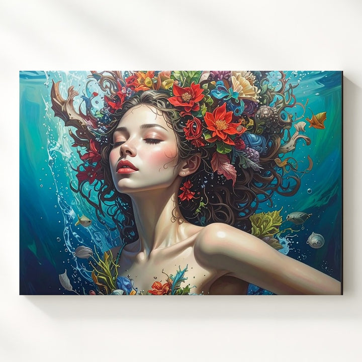 Underwater Rebirth Canvas – Surreal Portrait of Woman and Ocean Life Wall Art - Gifitto