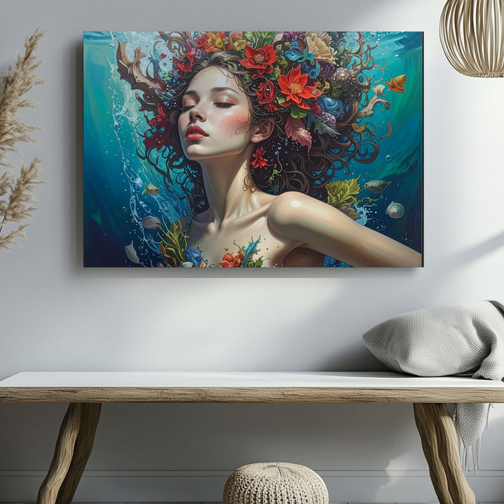Underwater Rebirth Canvas – Surreal Portrait of Woman and Ocean Life Wall Art - Gifitto