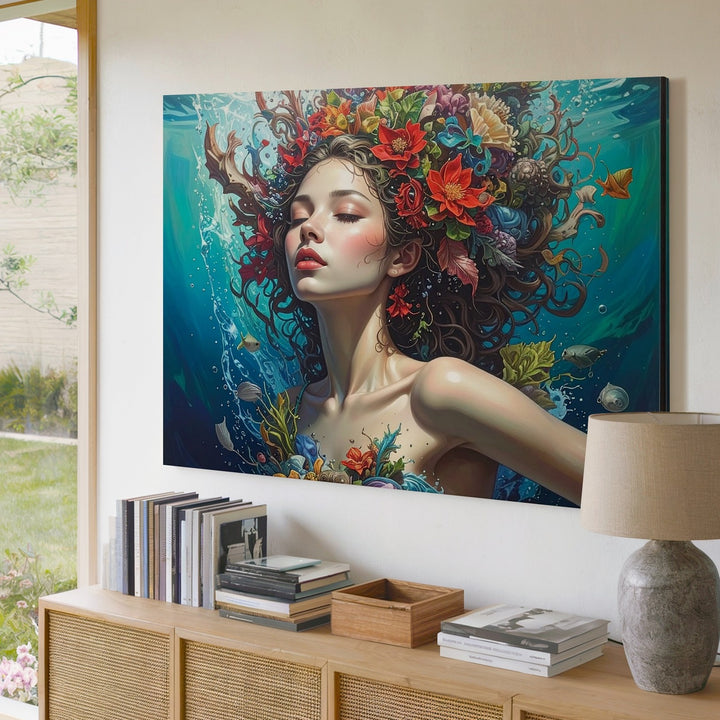 Underwater Rebirth Canvas – Surreal Portrait of Woman and Ocean Life Wall Art - Gifitto
