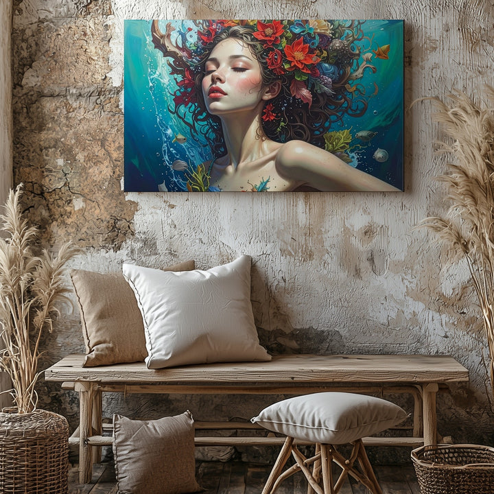Underwater Rebirth Canvas – Surreal Portrait of Woman and Ocean Life Wall Art - Gifitto