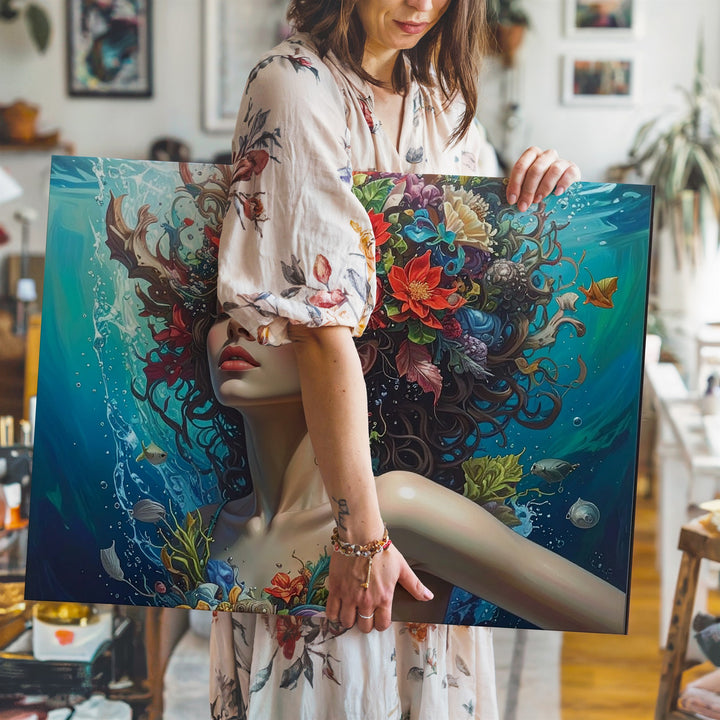 Underwater Rebirth Canvas – Surreal Portrait of Woman and Ocean Life Wall Art - Gifitto