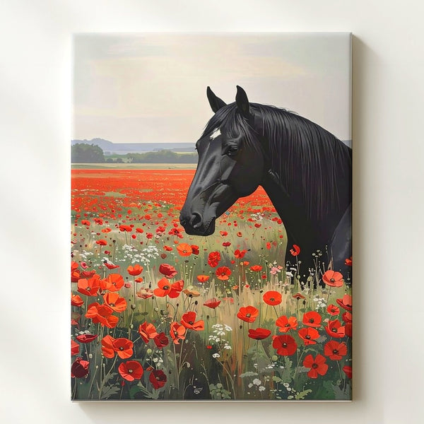 Black Horse & Poppy Field Canvas – Romantic Nature Scene with Floral Harmony - Gifitto