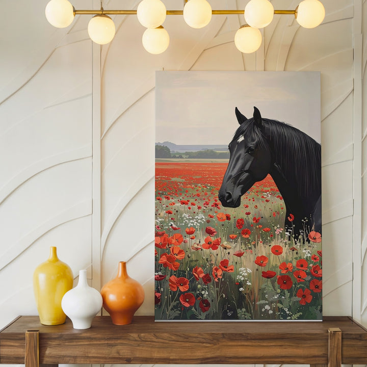 Black Horse & Poppy Field Canvas – Romantic Nature Scene with Floral Harmony - Gifitto