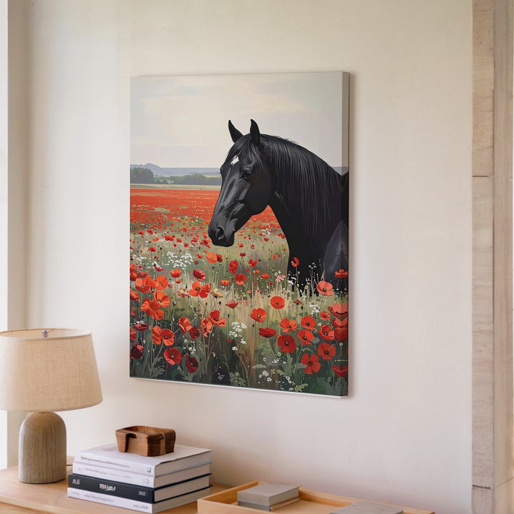 Black Horse & Poppy Field Canvas – Romantic Nature Scene with Floral Harmony - Gifitto