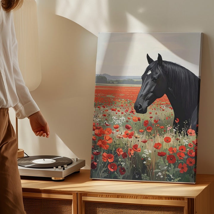 Black Horse & Poppy Field Canvas – Romantic Nature Scene with Floral Harmony - Gifitto