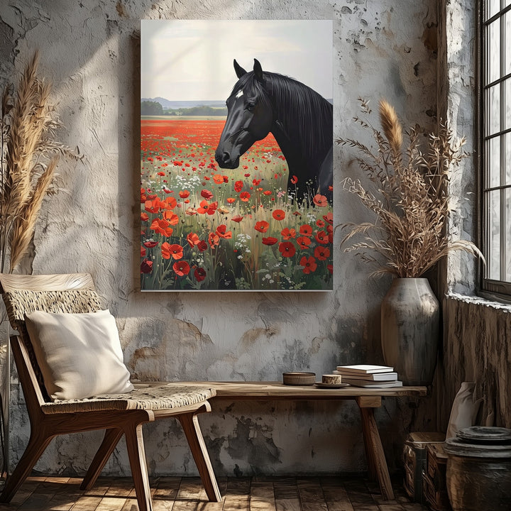 Black Horse & Poppy Field Canvas – Romantic Nature Scene with Floral Harmony - Gifitto