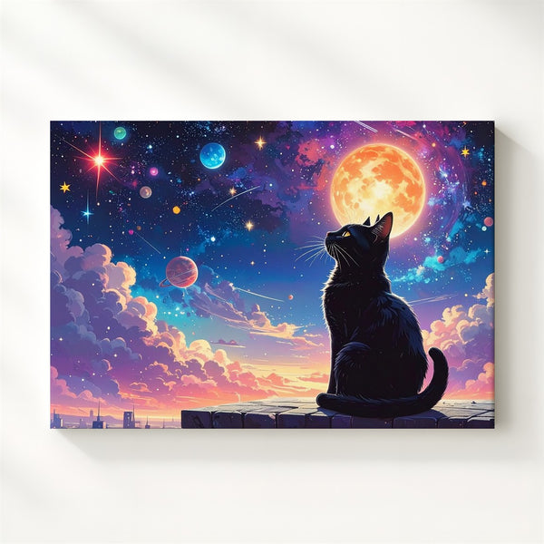 Celestial Gaze Canvas – Whimsical Black Cat Under Cosmic Fairytale Sky - Gifitto