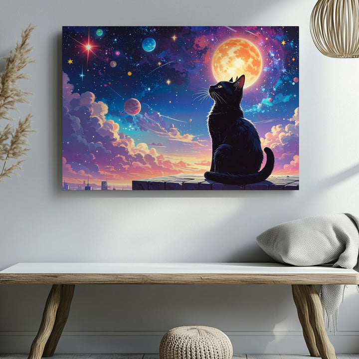 Celestial Gaze Canvas – Whimsical Black Cat Under Cosmic Fairytale Sky - Gifitto