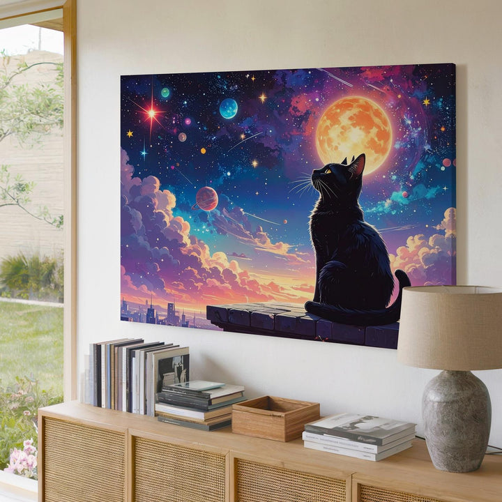 Celestial Gaze Canvas – Whimsical Black Cat Under Cosmic Fairytale Sky - Gifitto