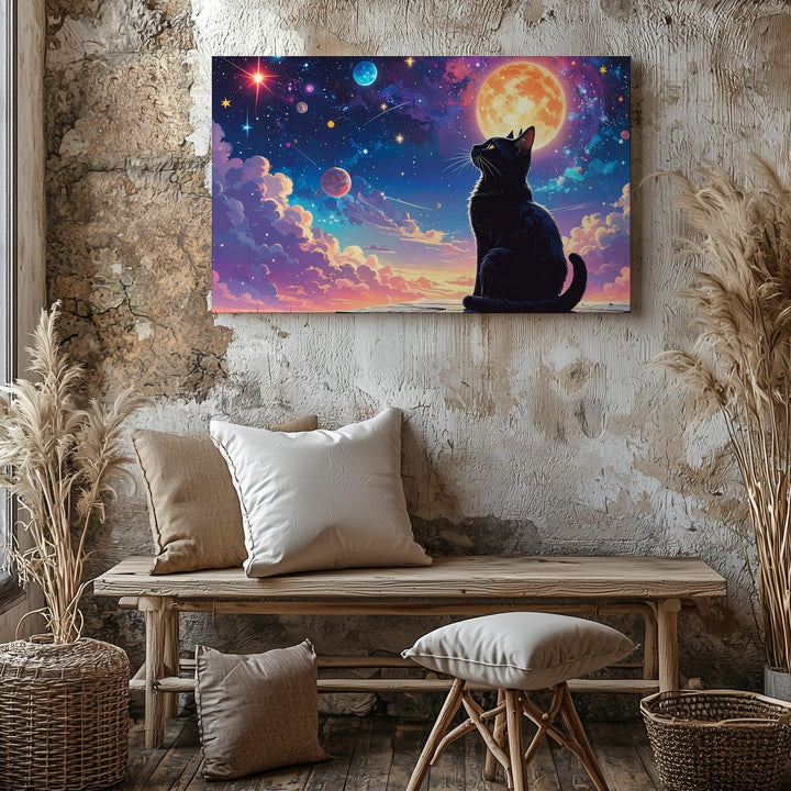 Celestial Gaze Canvas – Whimsical Black Cat Under Cosmic Fairytale Sky - Gifitto