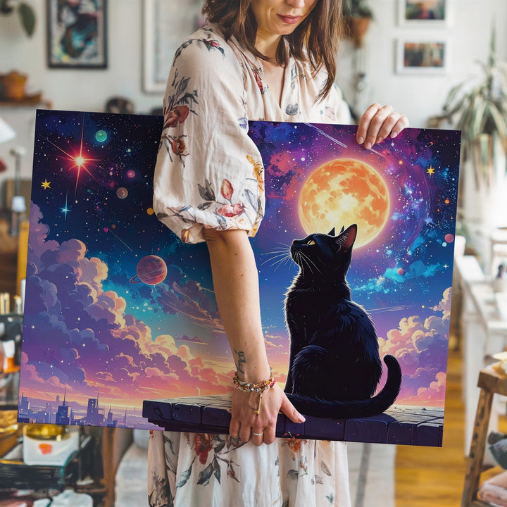 Celestial Gaze Canvas – Whimsical Black Cat Under Cosmic Fairytale Sky - Gifitto