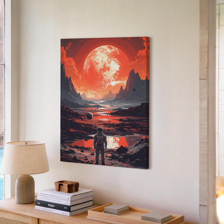 Alien Planet Exploration Canvas – Red-Orange Sky & Cosmic Landscape Art - Gifitto