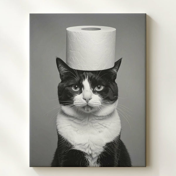 Tuxedo Cat with Toilet Paper Canvas – Black & White Humorous Wall Art - Gifitto