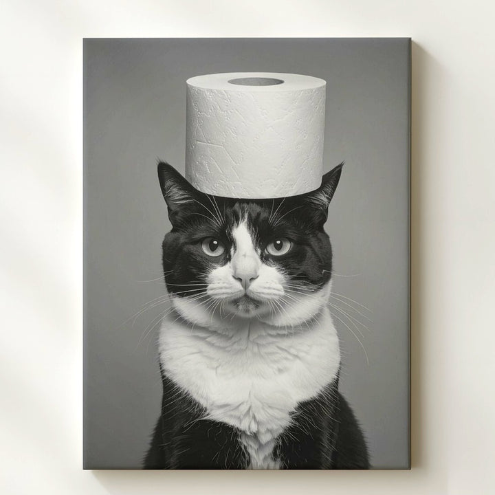 Tuxedo Cat with Toilet Paper Canvas – Black & White Humorous Wall Art - Gifitto