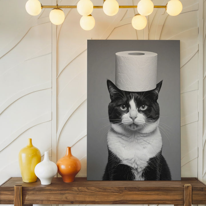 Tuxedo Cat with Toilet Paper Canvas – Black & White Humorous Wall Art - Gifitto