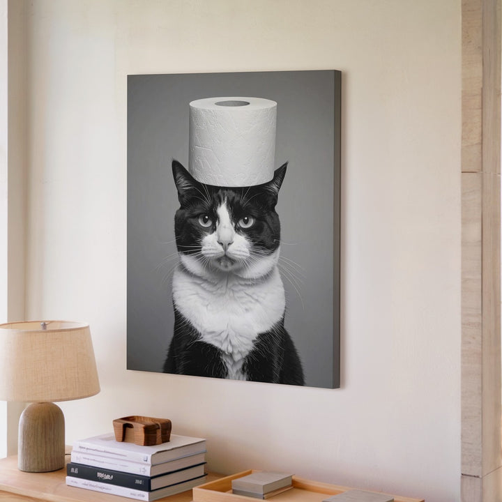 Tuxedo Cat with Toilet Paper Canvas – Black & White Humorous Wall Art - Gifitto