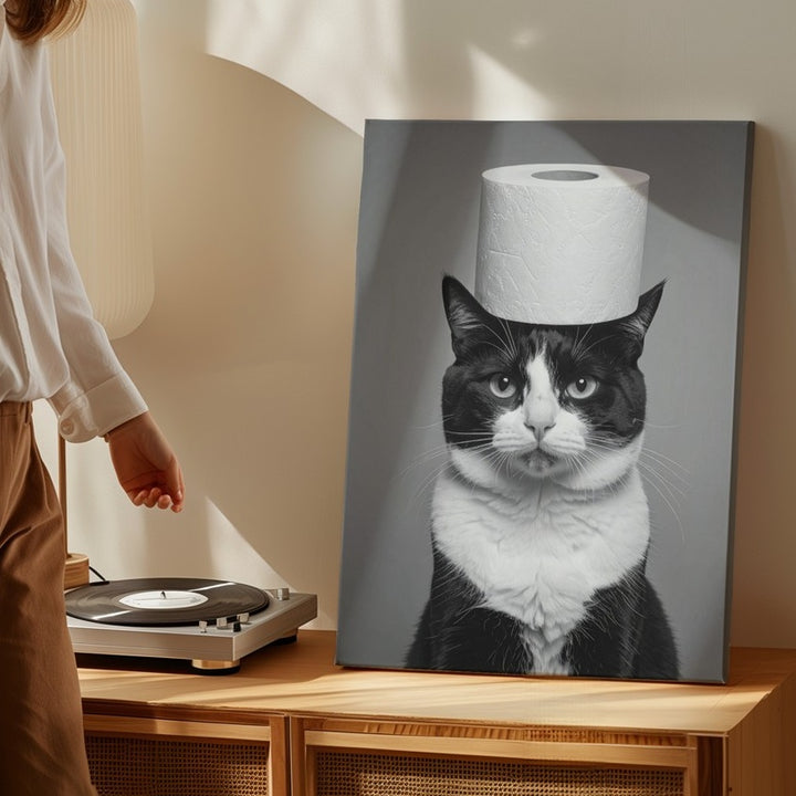 Tuxedo Cat with Toilet Paper Canvas – Black & White Humorous Wall Art - Gifitto