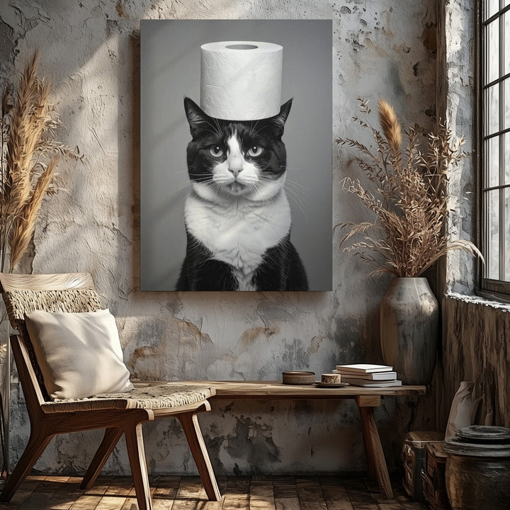 Tuxedo Cat with Toilet Paper Canvas – Black & White Humorous Wall Art - Gifitto