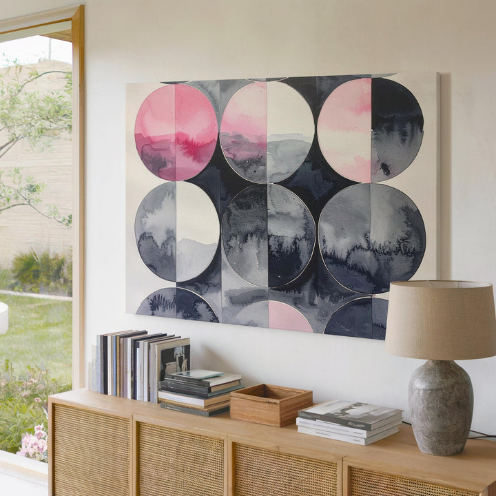 Geometric Watercolor Canvas – Soft Gradient Circles in Pink, Gray, & Black - Gifitto