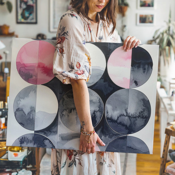 Geometric Watercolor Canvas – Soft Gradient Circles in Pink, Gray, & Black - Gifitto
