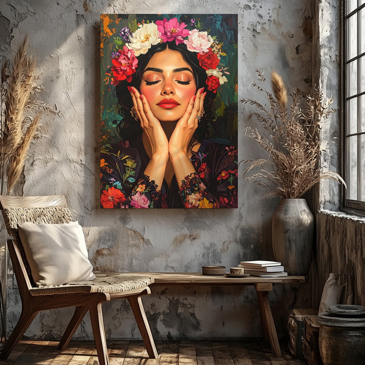 Frida-Inspired Portrait Canvas – Feminine Power & Floral Crown Art - Gifitto